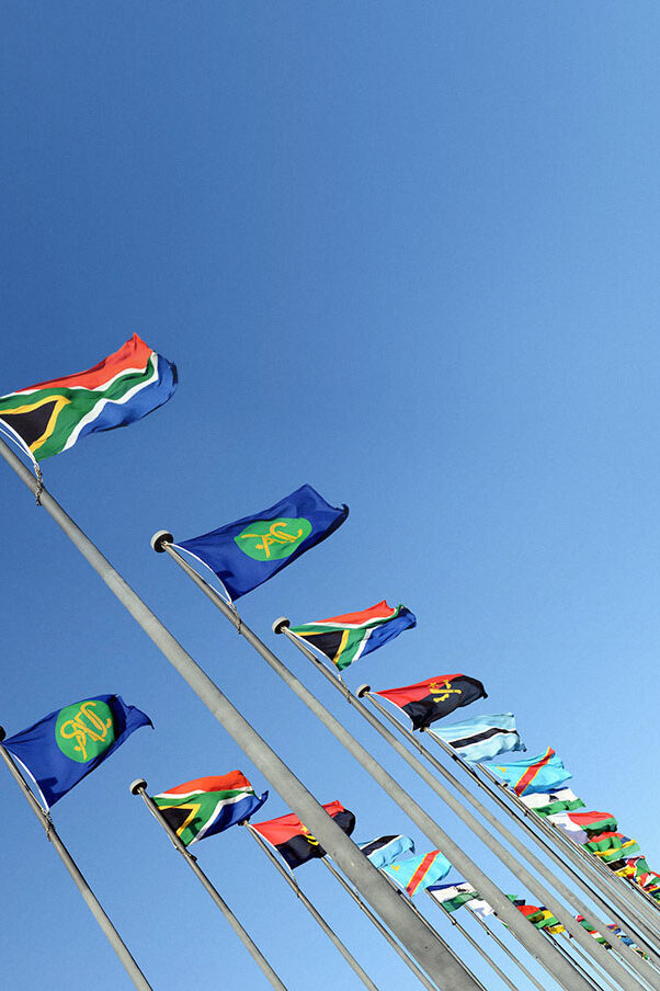 Various hoisted flags of southern African countries lined-up.