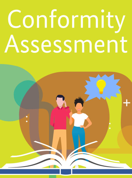 Eine Illustration mit der Überschrift Conformity Assessment, auf der ein Buch, ein stilisiertes Labor und ein Mann und eine Frau zu sehen sind.