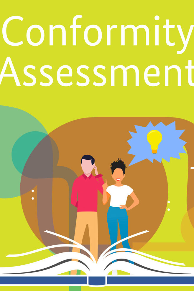 Eine Illustration mit der Überschrift Conformity Assessment, auf der ein Buch, ein stilisiertes Labor und ein Mann und eine Frau zu sehen sind.