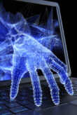 Icon image, a cyber hand accesses a keyboard
