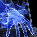 Icon image, a cyber hand accesses a keyboard