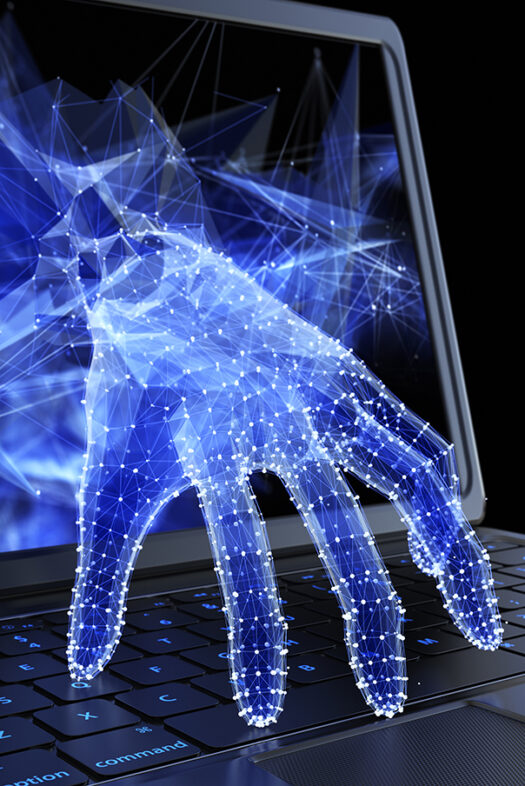 Icon image, a cyber hand accesses a keyboard