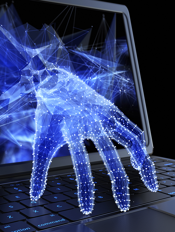 Symbolbild, eine Cyberhand greift auf eine Tastatur