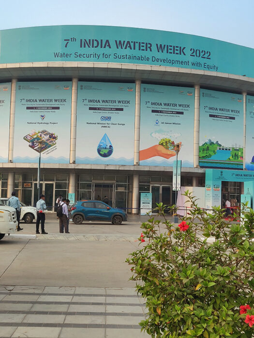 Building with the lettering "7th India Water Week 2022".