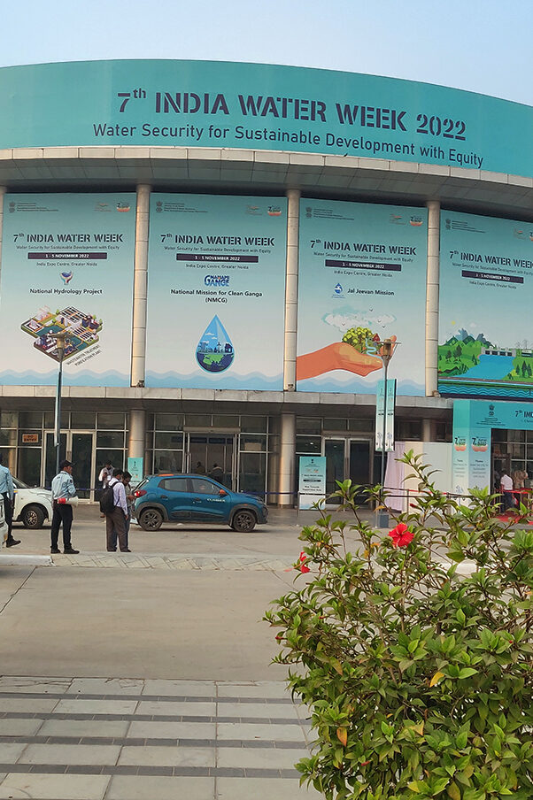 Building with the lettering "7th India Water Week 2022".