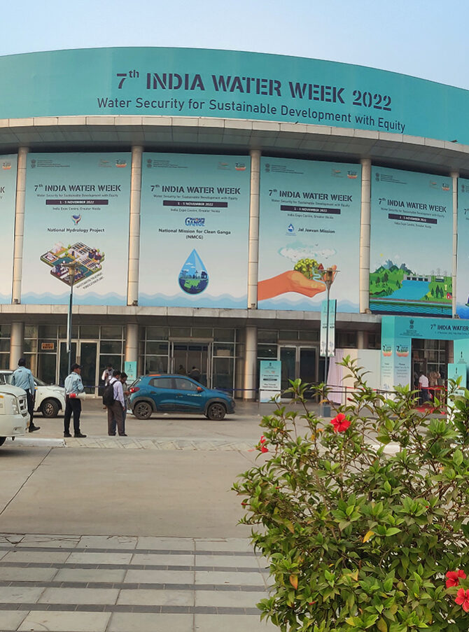 Building with the lettering "7th India Water Week 2022".