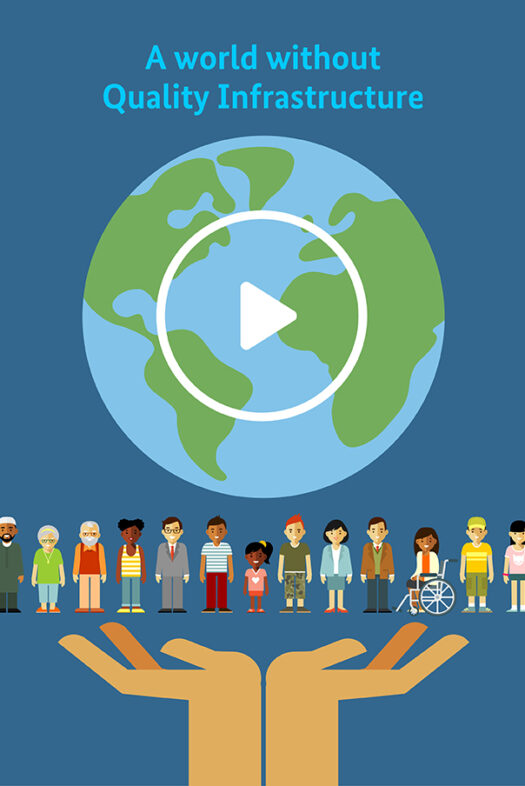Illustration eines stilisierten Globus, mit verschiedenen Menschen und der Überschrift A World Without Quality Infrastructure