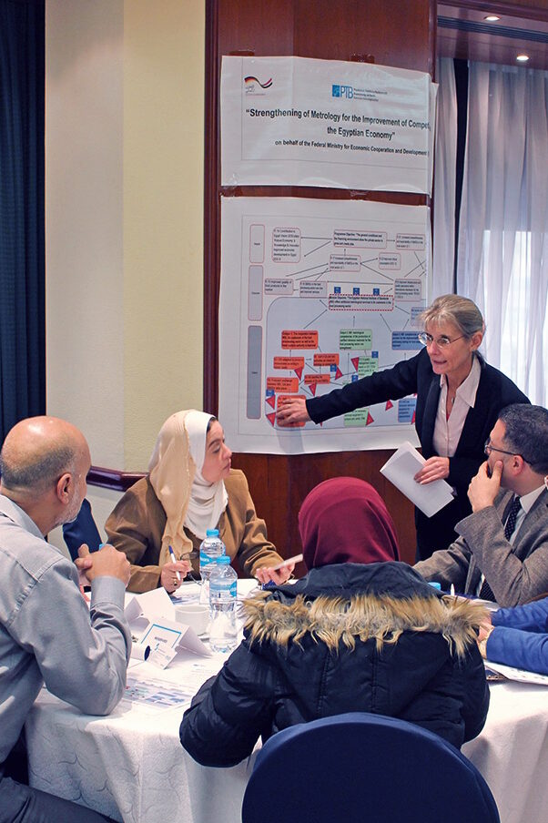 A woman explaining something, while standing in front of a group of six sitting people