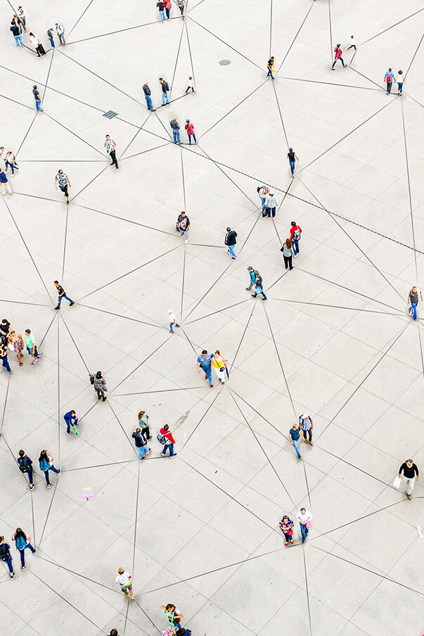Digitised representation of several people in a square. The people are connected by a network of lines. ©istock