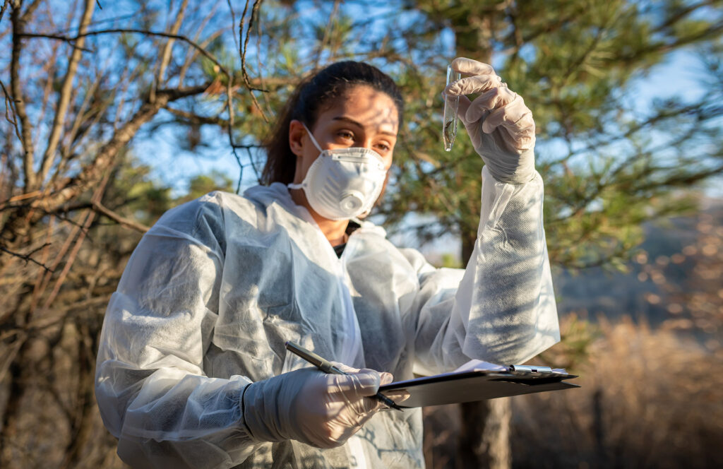 A woman wearing a protective mask, a white disposable overall and disposable gloves is holding a test tube in one hand and a writing pad with a pen in the other. In the background, trees can be seen and a sewer with leaking water.