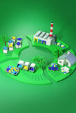 3D-Illustration des Kreislaufs von Herstellung, Konsum und Recycling