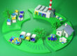 3D illustration of the cycle of manufacturing, consumption and recycling