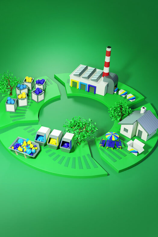 3D illustration of the cycle of manufacturing, consumption and recycling