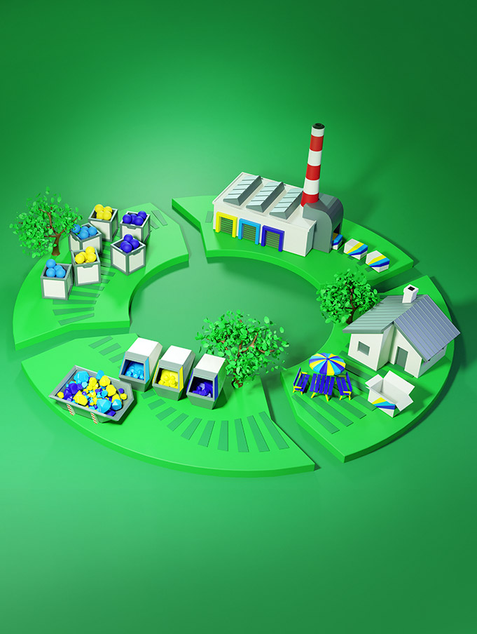 3D illustration of the cycle of manufacturing, consumption and recycling