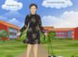 Woman standing in front of a building. She has a smartphone in her hand and two small dogs on a leash.