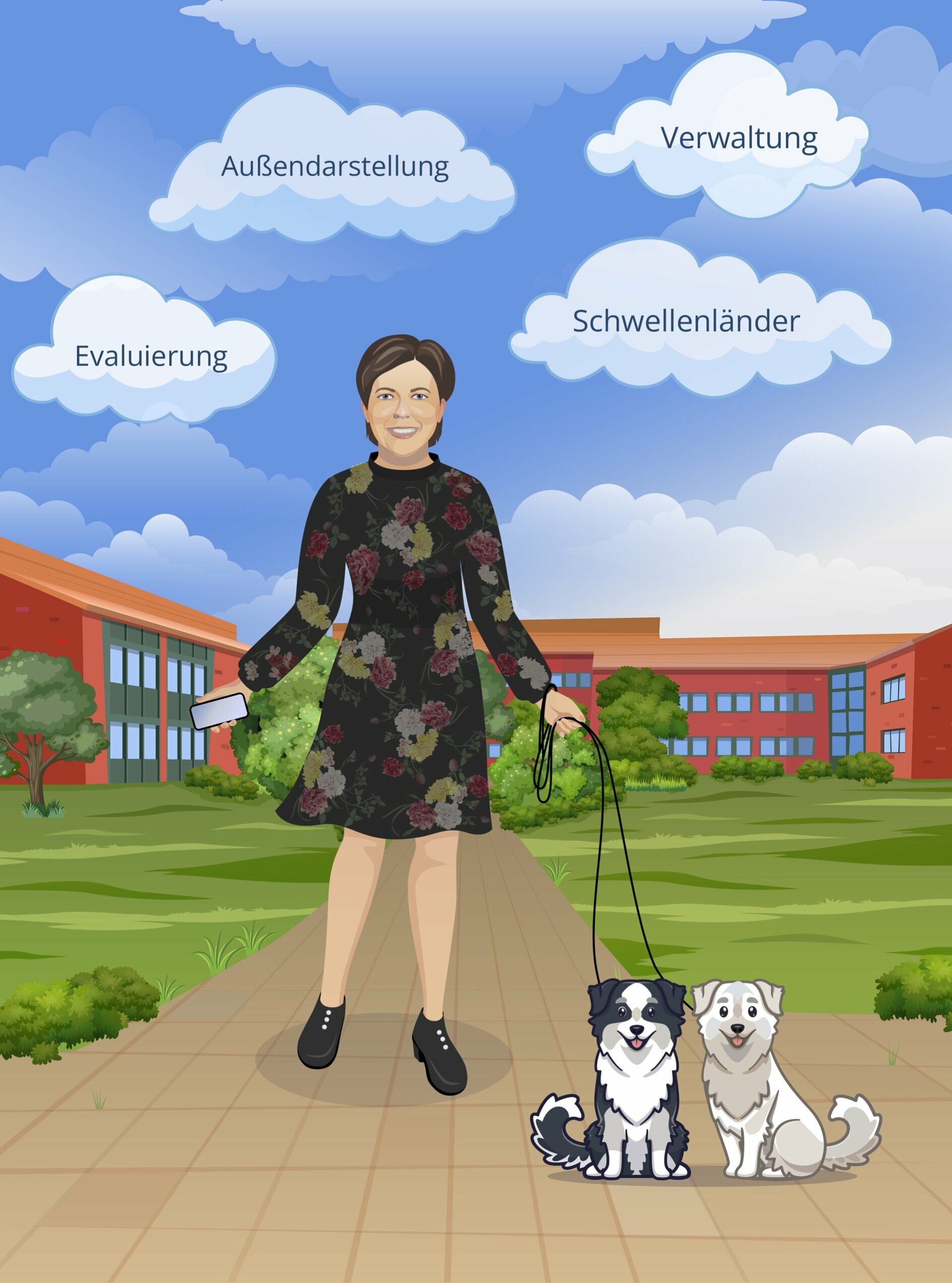 Woman standing in front of a building. She has a smartphone in her hand and two small dogs on a leash.