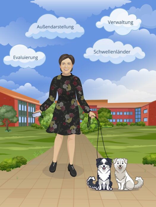 Frau steht vor einem Gebäude. Sie hat ein Smartphone in der Hand und zwei kleine Hunde an der Leine.