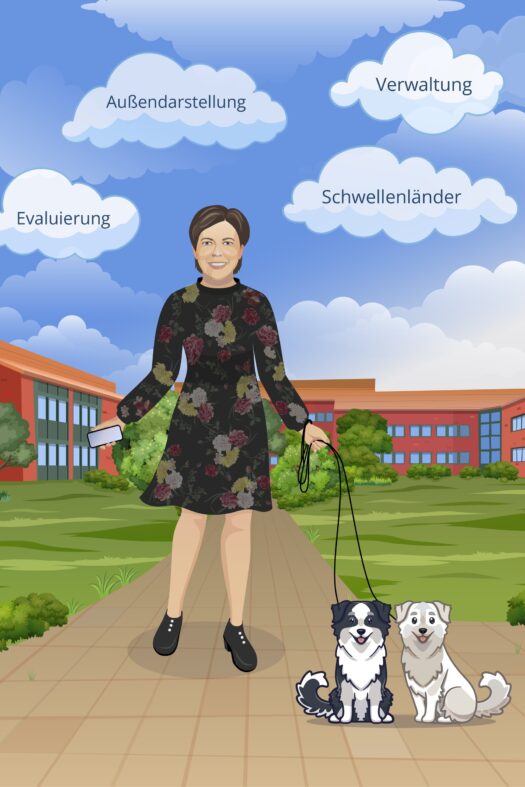 Woman standing in front of a building. She has a smartphone in her hand and two small dogs on a leash.