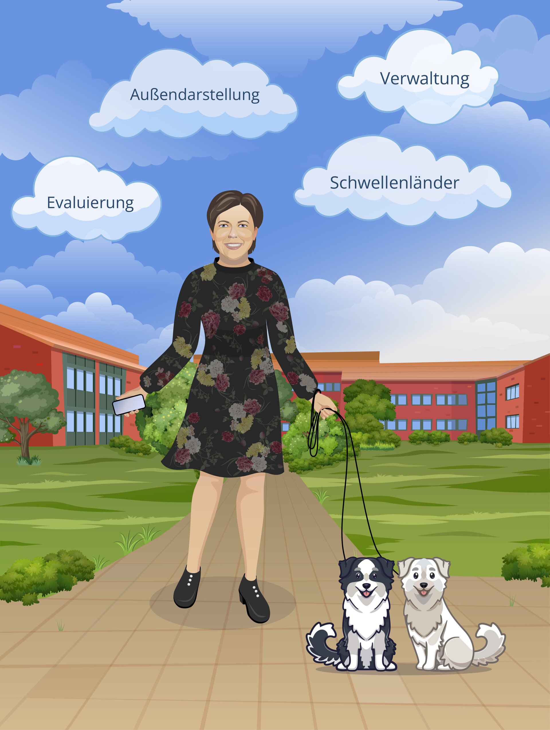 Woman standing in front of a building. She has a smartphone in her hand and two small dogs on a leash.