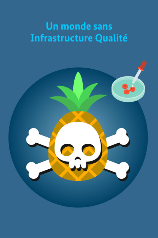 Eine gezeichnete Ananas in Verbindung mit einem Totenschädel und einer Petrischale. Darüber die Überschrift Un monde sans Qualité Infrastructure