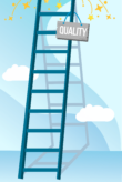 Graphic of a ladder from which a sign saying "Quality" dangles.