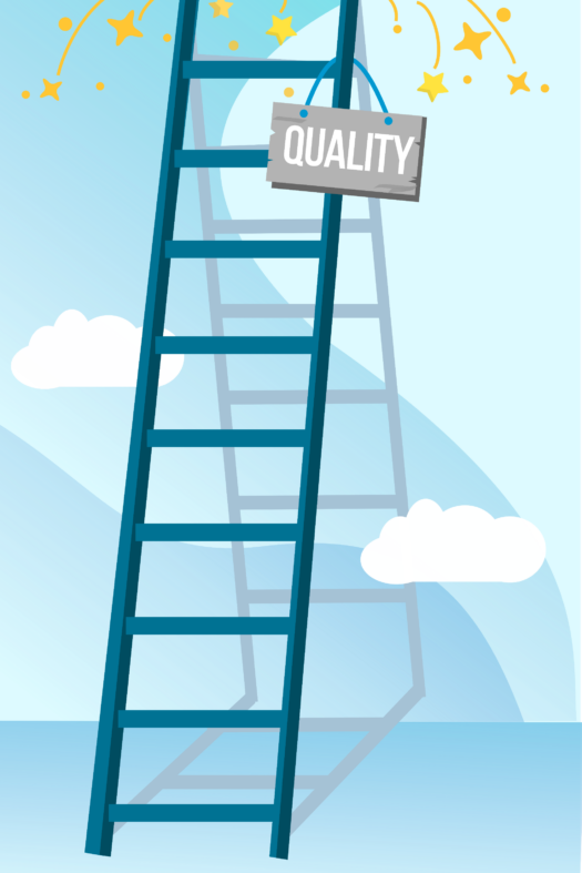 Graphic of a ladder from which a sign saying "Quality" dangles.
