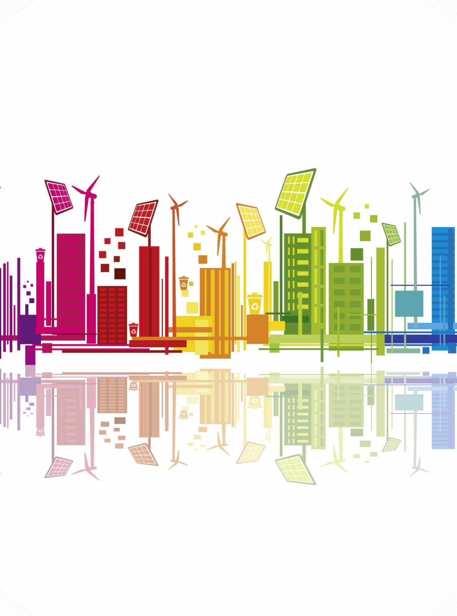 Graphics showing a city making use of renewable energies.