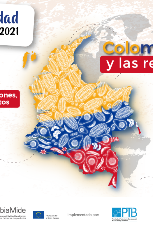 El gráfico anuncia ExpoCalidad2021 con el título de ColombiaMide y las regiones - Confianza en tus mediciones, calidad en tus productos. Muestra un mapa del mundo destacando Colombia en los colores de la bandera nacional colombiana y con frutos de cacao y aguacate Hass.