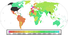 World map with some nations marked in color.