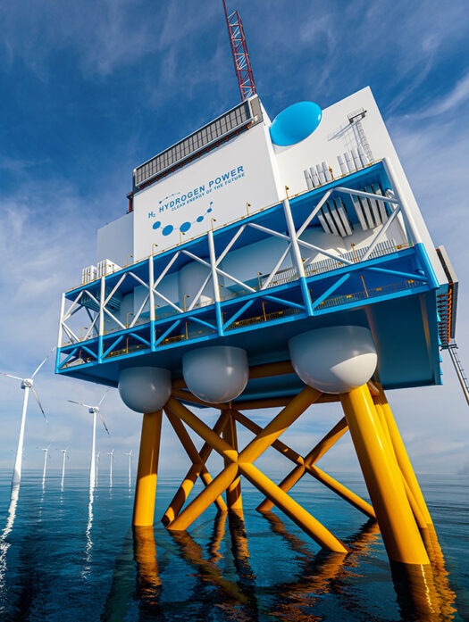 Offshore wind turbine with the label Hydrogen Power