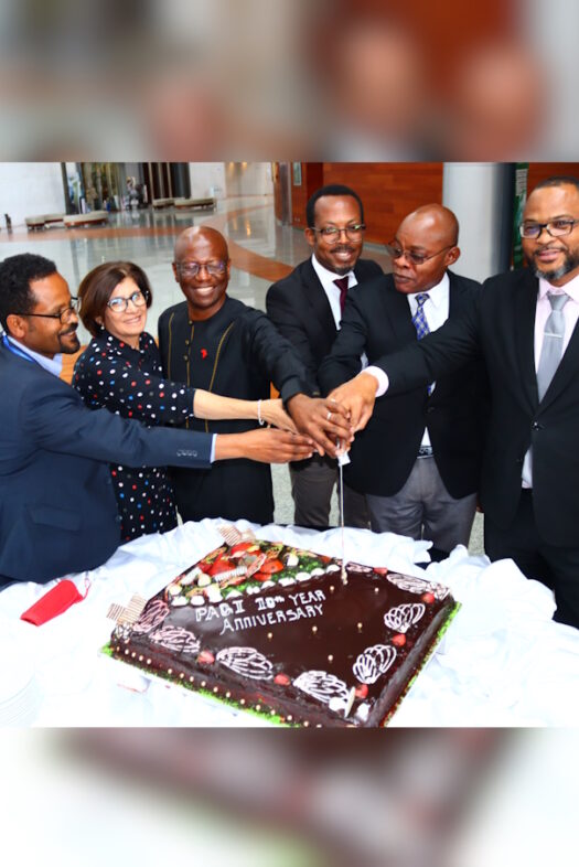 A group of people are cutting a cake.