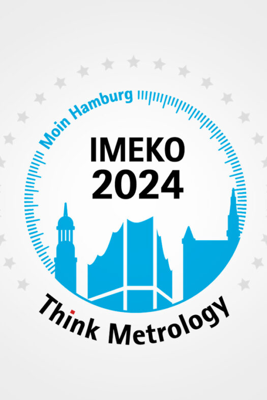 The captions 'IMEKO 2024', 'Think Metrology' and the slogan 'Moin Hamburg' in a circular scale of 25 stars with a stylised view of Hamburg. The stars represent the 25 Technical Committees of IMEKO.
