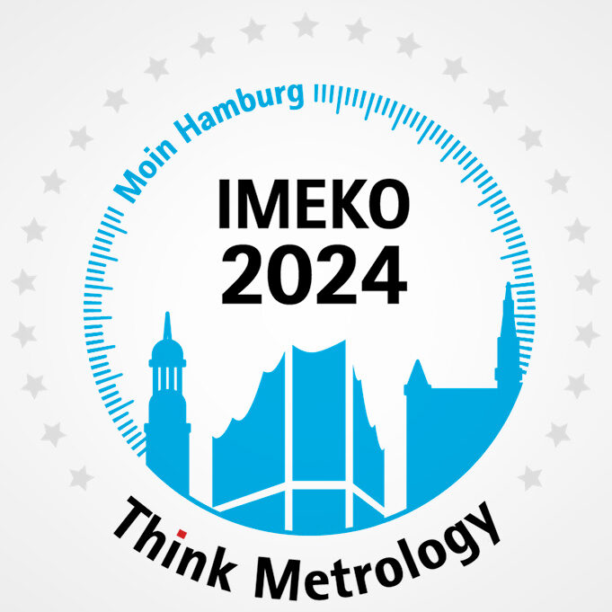 The captions 'IMEKO 2024', 'Think Metrology' and the slogan 'Moin Hamburg' in a circular scale of 25 stars with a stylised view of Hamburg. The stars represent the 25 Technical Committees of IMEKO.