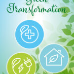 Three icons showing a cord, a house and a cross combined with a leaf and the headline green transformation.