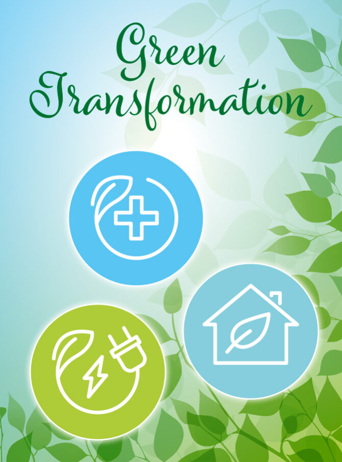 Three icons showing a cord, a house and a cross combined with a leaf and the headline green transformation.