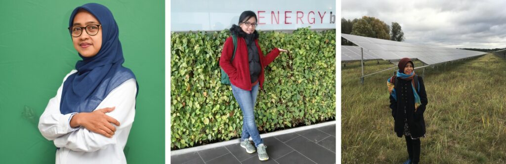 Three picture of different women. The woman on the left wears a Hijab and is standing in front of a green screen. The woman in the middle wears a red jacket and is standing in front of a bush. The woman on the right image is standing on a field in front of solar panels.