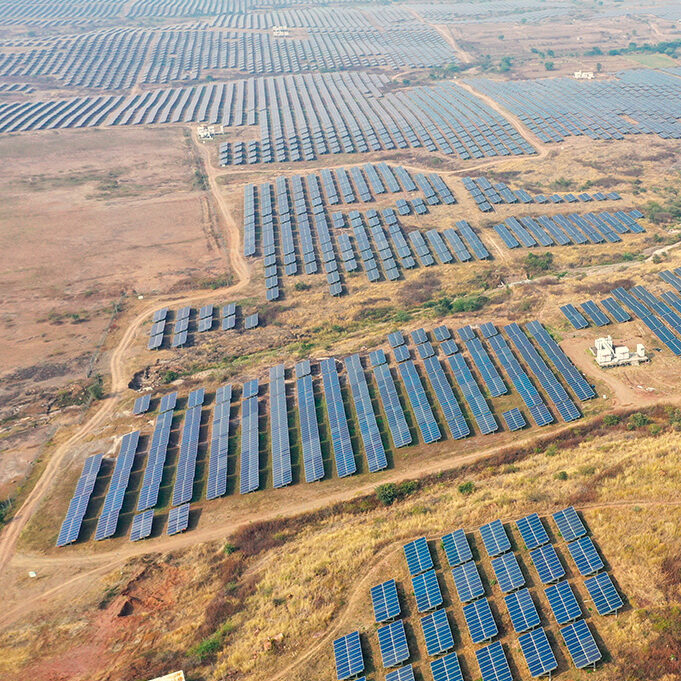 Aerial view of a solar energy generation park