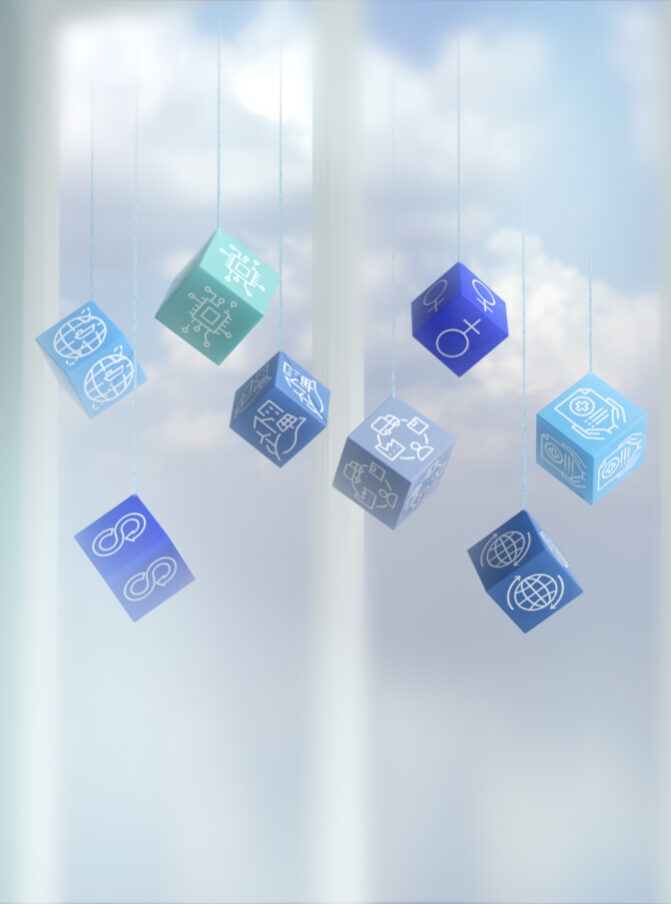 Hanging cubes with symbols of the United Nations Sustainable Development Goals (SDGs).