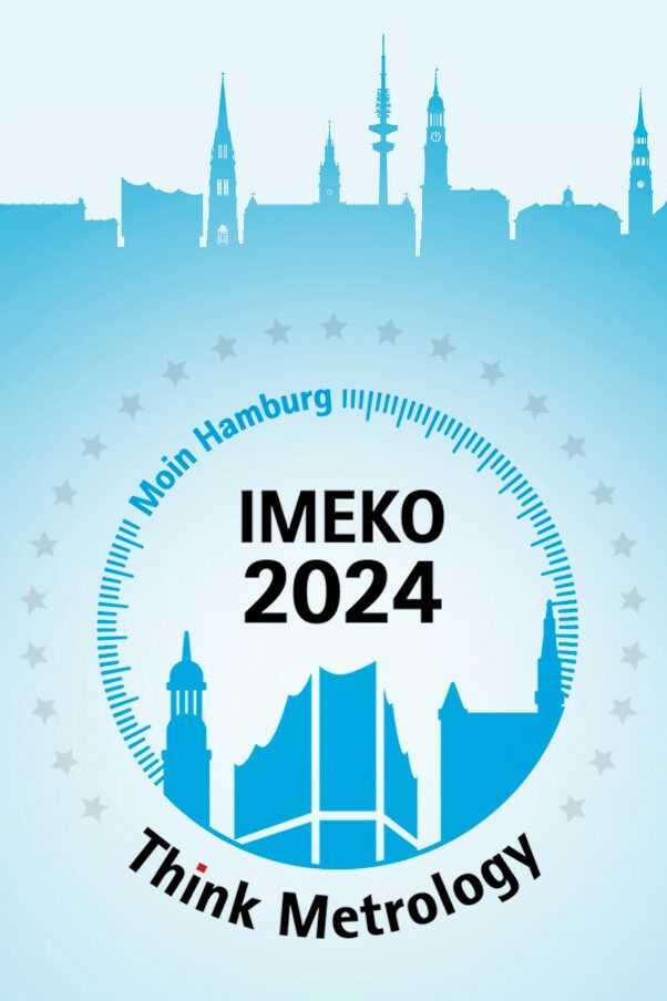 The silhouette of Hamburg landmarks, plus the inscriptions ‘IMEKO 2024’, ‘Think Metrology’ and the slogan ‘Moin Hamburg’ in a circular scale of 25 stars.