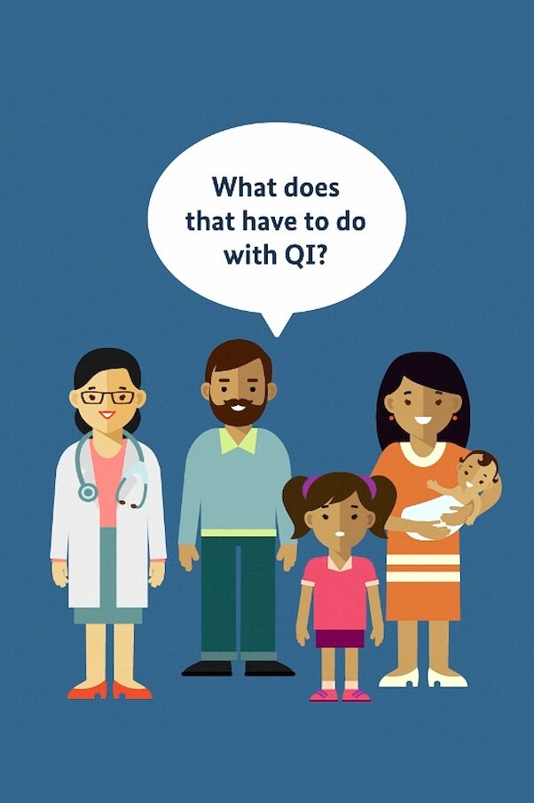 A cartoon image showing a family with two children and a doctor standing in front of a blue background. The text in a speech bubble says, “What does that have to do with QI?”.