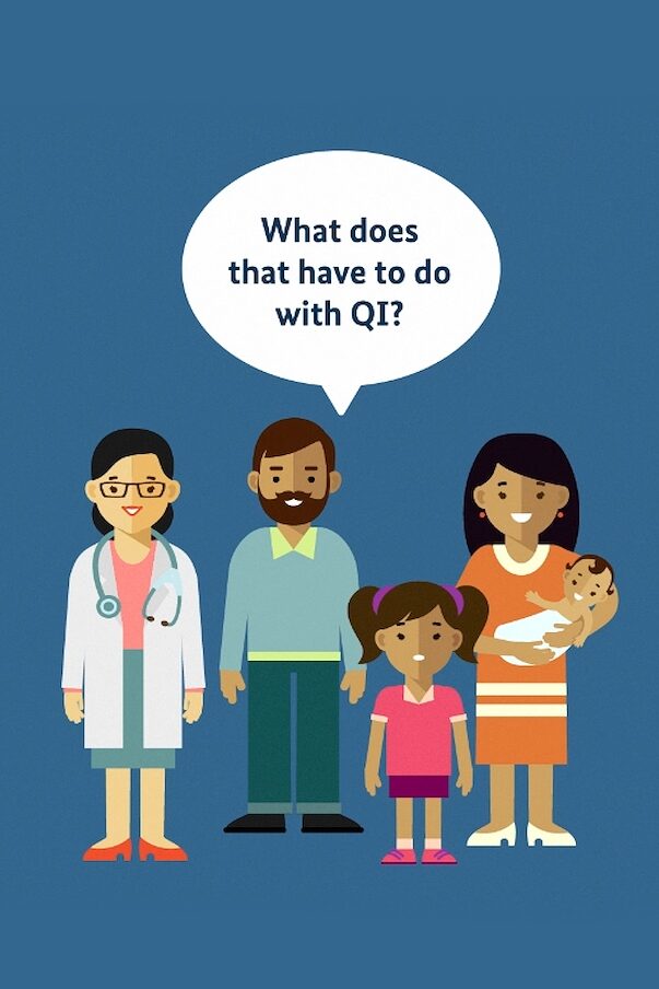 Eine animierte Familie mit zwei Kindern und eine Ärztin stehen vor einem blauen Hintergrund. In einer Sprechblase steht „What does that have to do with QI?”.