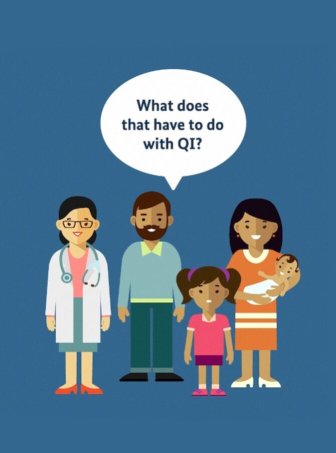 A cartoon image showing a family with two children and a doctor standing in front of a blue background. The text in a speech bubble says, “What does that have to do with QI?”.