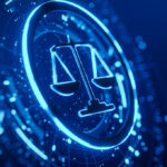 The image features a glowing neon-blue symbol of scales of justice, enclosed within a circular frame. The scales are evenly balanced, representing fairness and equality. The background is deep blue with a futuristic digital design, consisting of small glowing dots and curved lines that resemble a high-tech interface or data network. The overall effect gives a sense of modernity, technology, and justice in a digital world.