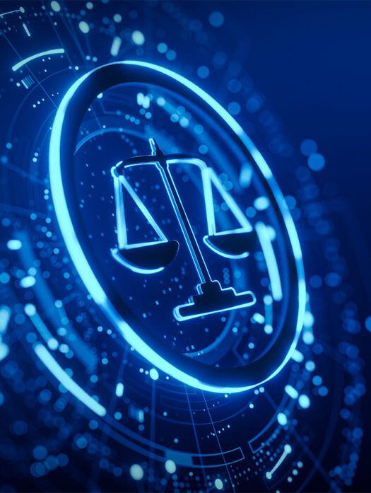 The image features a glowing neon-blue symbol of scales of justice, enclosed within a circular frame. The scales are evenly balanced, representing fairness and equality. The background is deep blue with a futuristic digital design, consisting of small glowing dots and curved lines that resemble a high-tech interface or data network. The overall effect gives a sense of modernity, technology, and justice in a digital world.