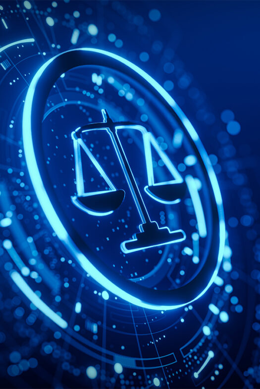 The image features a glowing neon-blue symbol of scales of justice, enclosed within a circular frame. The scales are evenly balanced, representing fairness and equality. The background is deep blue with a futuristic digital design, consisting of small glowing dots and curved lines that resemble a high-tech interface or data network. The overall effect gives a sense of modernity, technology, and justice in a digital world.