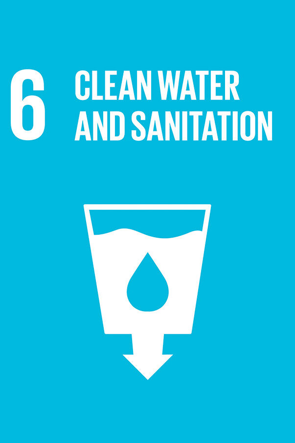 The picture represents the 6th Sustainable Development Goal: Clean water and sanitation. It shows in white colour on a blue background a glass of water with a wavy surface and an arrow pointing downwards.