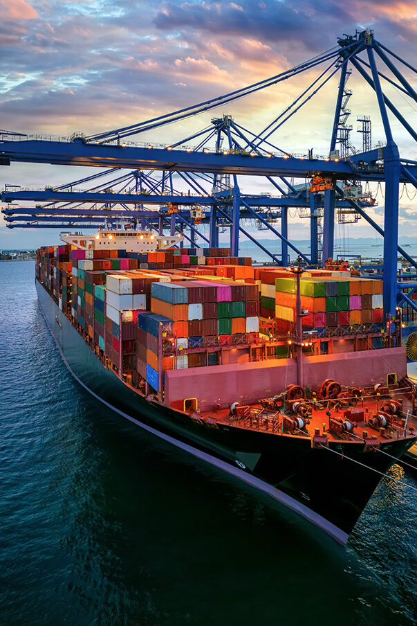 Aerial view of a container cargo ship being loaded at a commercial dock.