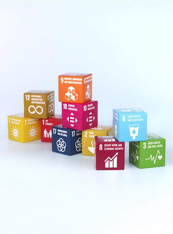 Small cubes in different colours with the global Sustainability Development Goals
