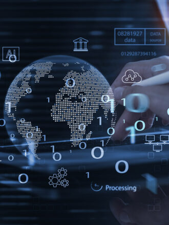 A digital image of a globe with a hand in the background surrounded by data representing the digital transformation