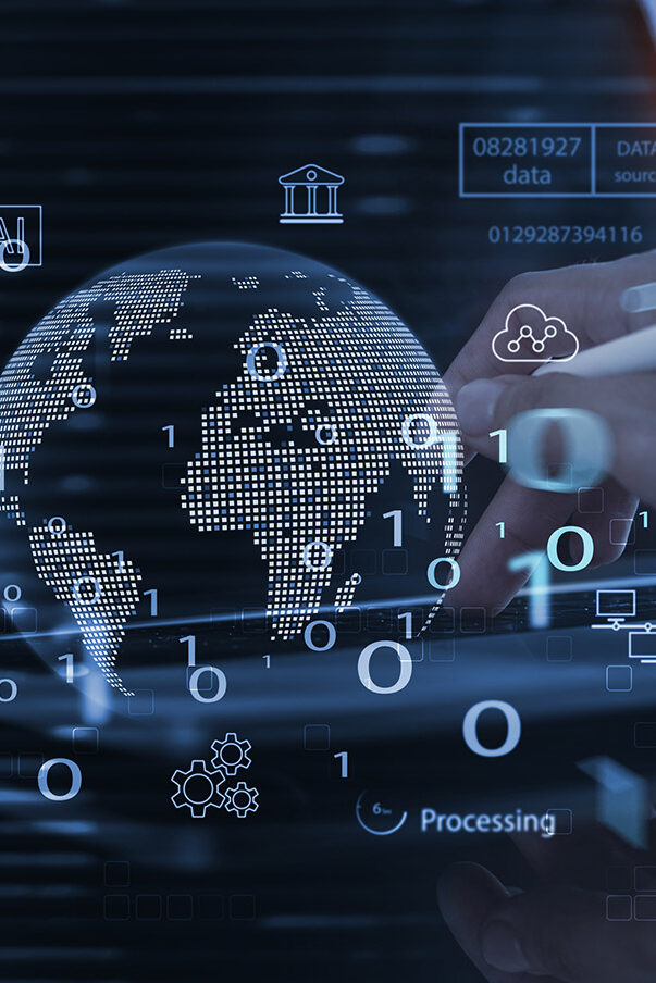 A digital image of a globe with a hand in the background surrounded by data representing the digital transformation